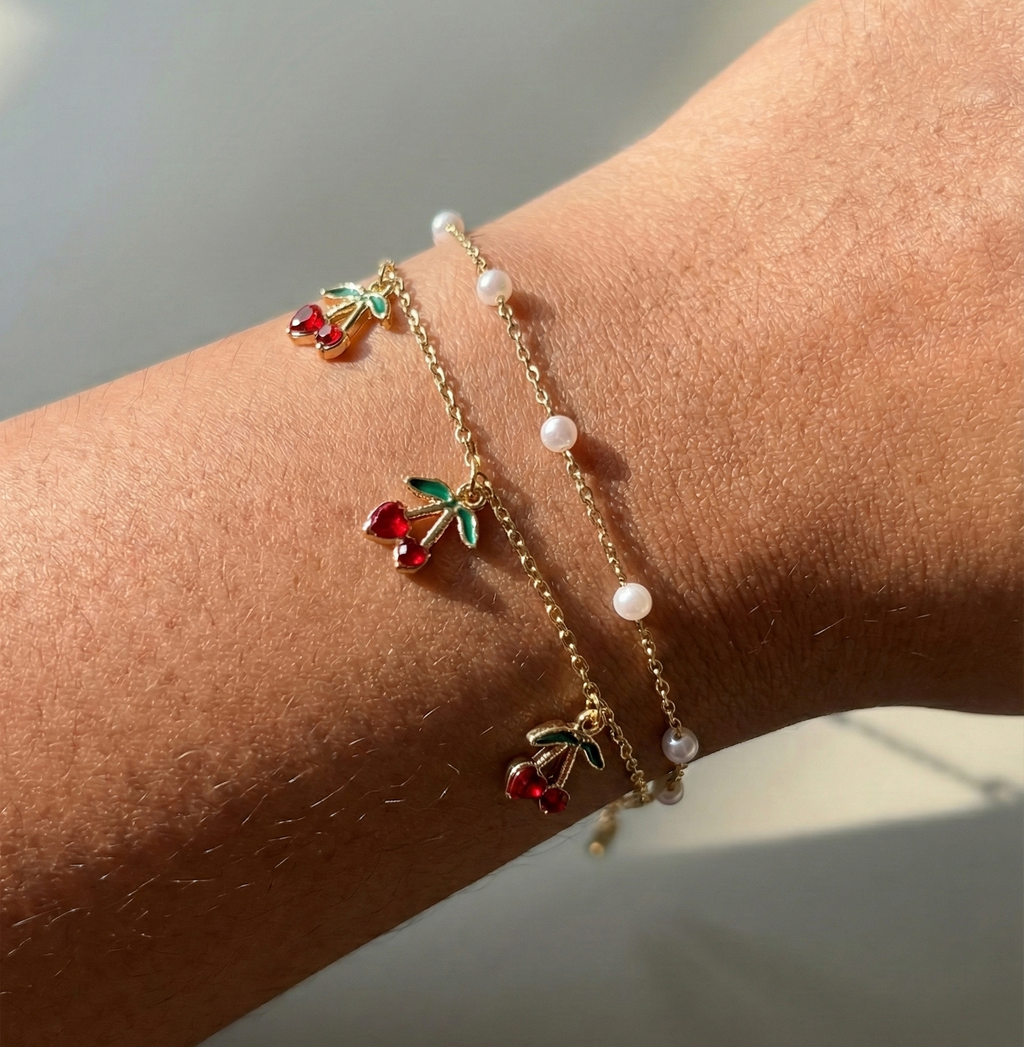 Cherry Pearl Layered Charm Bracelet