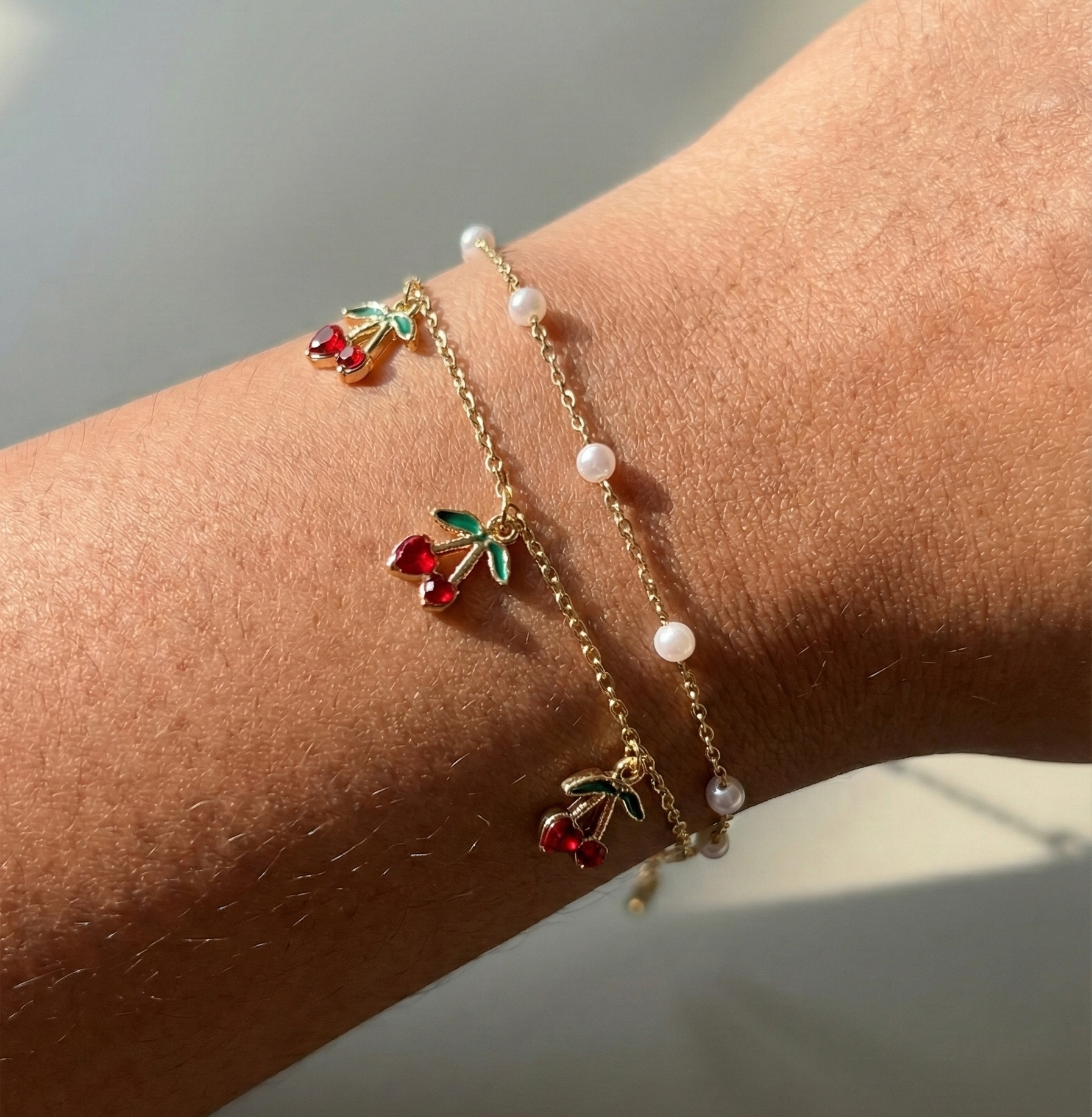Cherry Pearl Layered Charm Bracelet