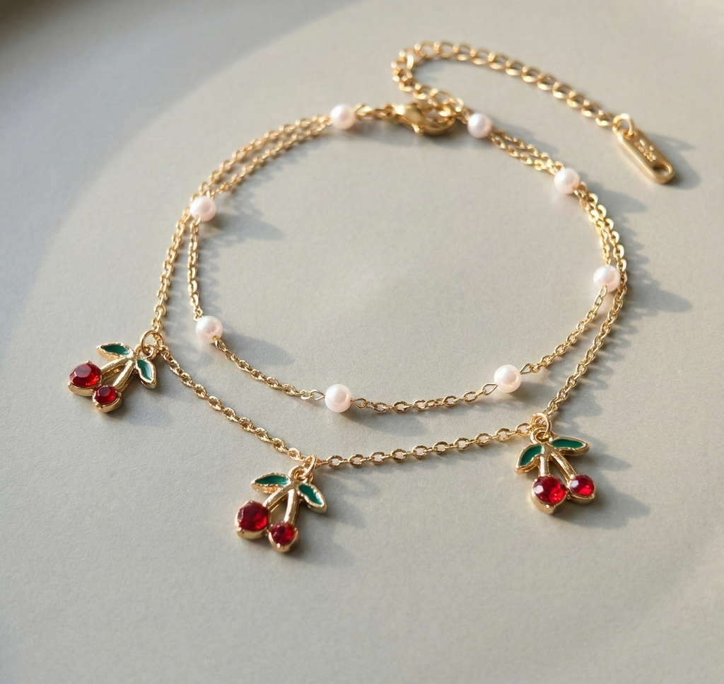 Cherry Pearl Layered Charm Bracelet